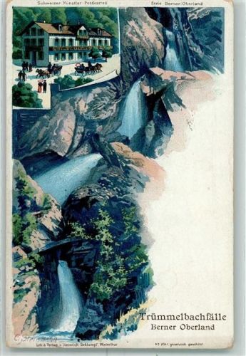 Nr. 2044 Gruss aus sign. C. Steinmann Wasserfall Trümmelbachfälle Schlumpf 1898 Lithographie / Künstlerkarte