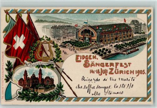 8000 Zürich 1905 Lithographie / Prägedruck Passepartout Fahne Eidgen. Sängerfest