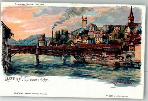 Luzern Lucerne sign. Steinmann, C. Künstlerpostkarte Nr. 2089 Spreuerbrücke Steinmann Lithographie