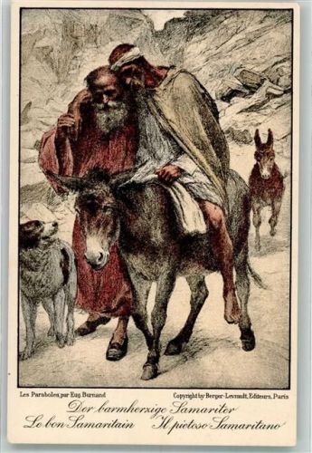 Künstlerkarte Gleichnis vom barmherzigen Samariter sign. E. Burnand Esel Bernhardiner Schweizer Samariterbund