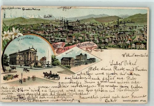 Winterthur Stadthaus Bahnhof Pferdestraßenbahn Schlumpf 1899 Lithographie