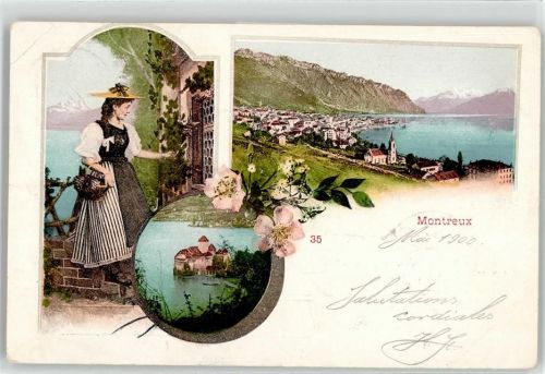 1820 Montreux 1900 Lithographie Tracht Schloss Kirche