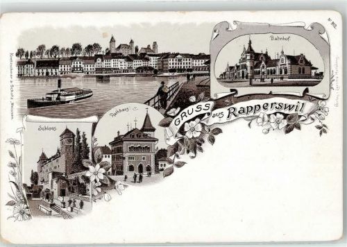 8640 Rapperswil SG Lithographie Bahnhof Schloss Rathaus