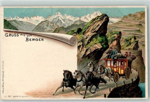 Rigi Klösterli Bergen Pferdekutsche Ort lt. Stempel Schlumpf 1898 Lithographie