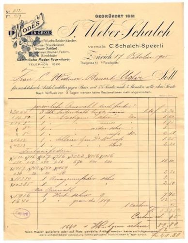 8000 Zürich Briefkopf Firmenrechnung Modes En Gros Weber-Schalch, J. 1905