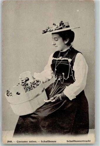 Frau Hut Bottich Messer Tracht Schweiz 1920