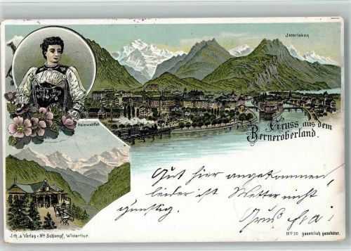 Interlaken 1897 Heimwehfluh Frau in Tracht Berner-Oberland Schlumpf Lithographie