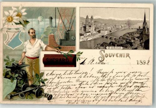 Zürich Wappen Schmied Industrie Suchard Schokolade 1898 Lithographie / Künstlerkarte