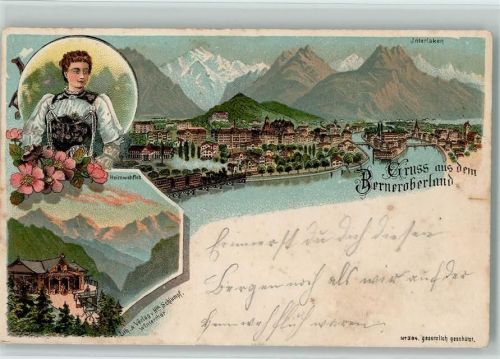 Interlaken Berner Oberland Frau in Tracht Heimwehfluh Schlumpf Lithographie