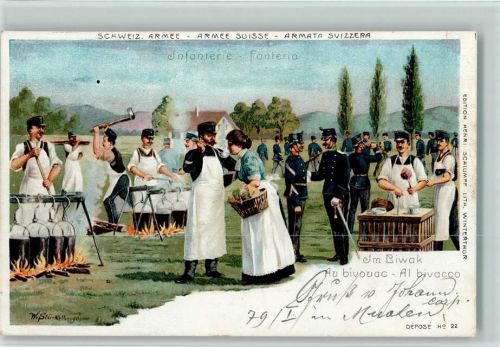 Nr. 22 , sign Stückelberger, Im Biwak, Feldküche - Militär Schlumpf 1904 Lithographie