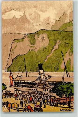 6440 Brunnen Künstlerkarte Landungssteg Seitenraddanpfer sign.E.Stiefel