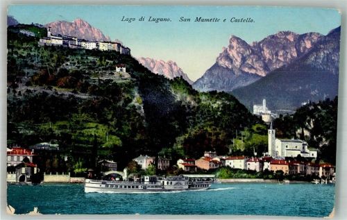 6900 Lugano 1913 Foto AK Luganer See San Mamette Schloss Dampfschiff