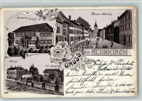 8213 Neunkirch 1907 BOAKC Lithographie Gasthaus Bahnhof Eisenbahn Gebrauchsspuren, bitte Scan genau beachten!
