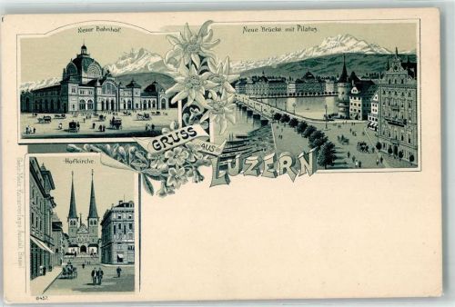 6000 Luzern Lucerne Lithographie Neuer Bahnhof Neue Brücke mit Pilatus Hofkirche