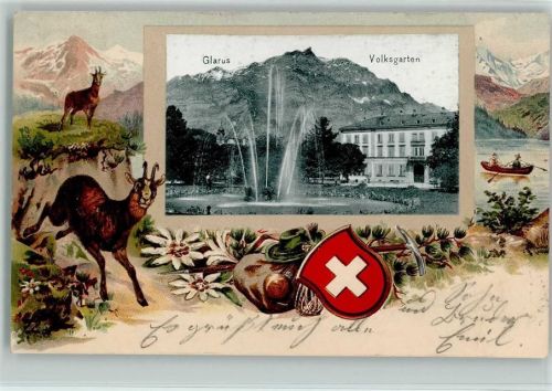 8750 Glarus 1906 Lithographie / Prägedruck Passepartout Jagd Gämsen Rucksack Edelweiss Ruderboot Volksgarten