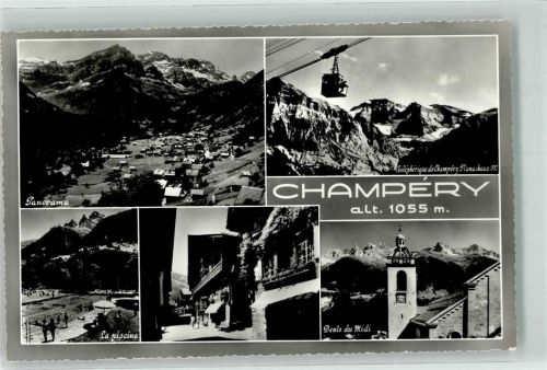 1874 Champéry Foto AK Seilbahn Kirche Dent du Midi Schwimmbad