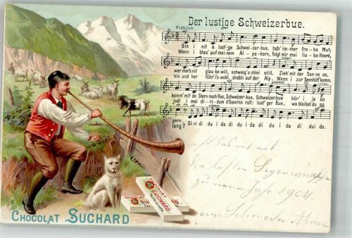 Nr. 8 Liederkarte , der lustige Schweizerbue , Alphorn , Ziege Suchard Schokolade 1902 Lithographie