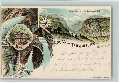 Trümmelbachfälle Nr. 428, Gruss aus - Wasserfall Schlumpf 1897 Lithographie