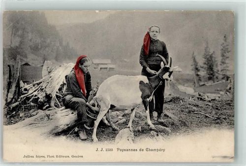 1874 Champéry - Bauersfrauen mit Ziege