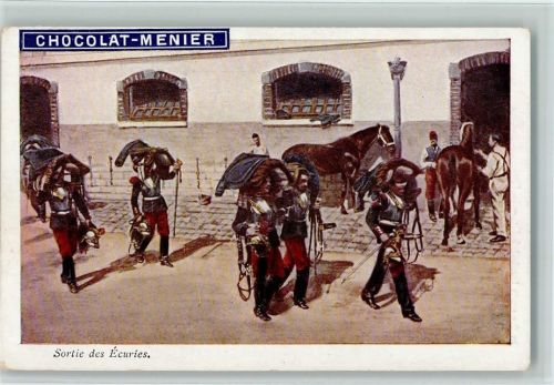 Chocolat Menier - Militär Frankreich, WK I Sortie des Ecuries, , sehr gute Erhaltung AK Schokolade