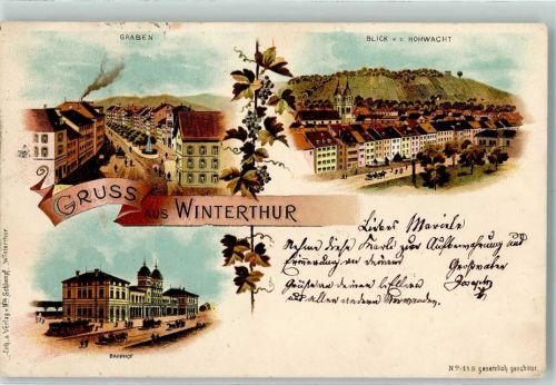 Winterthur Graben Blick v. d. Hohwacht Bahnhof Trauben Schlumpf 1898 Lithographie