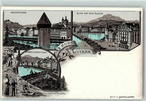 Luzern Lucerne Wasserturm Blick auf den Pilatus Schweizerhofquai Schlumpf Lithographie