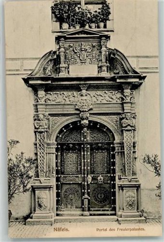 8752 Näfels 1912 Foto AK Eingang Freulerpalast Foto Jeanrenaud