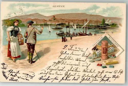 Genève Genf Tracht Suchard Schokolade 1900 Lithographie / Künstlerkarte