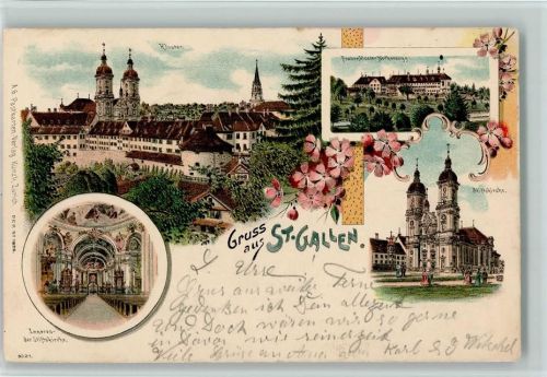 St. Gallen S. Gallo Nr. 1826 Gruss aus - Kloster r , Stiftskirche Künzli 1902 Lithographie