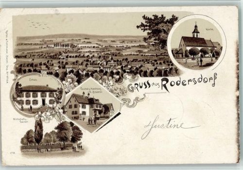 4118 Rodersdorf 1901 BOAKC LithographieSchule Gasthaus Handlung G. Brunner Kirche Gebrauchsspuren, bitte Scan genau beachten!