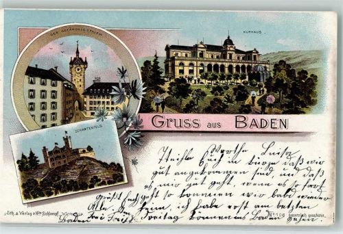 Baden Gefängnisturm Schartenfels Kurhaus Schlumpf 1902 Lithographie