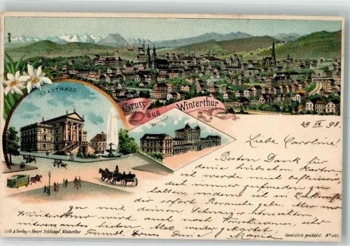 8400 Winterthur 1898 Lithographie Stadthaus Bahnhof Pferdestraßenbahn Verlag Schlumpf Nr 422