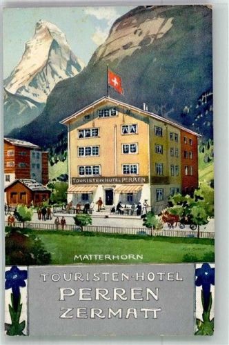 3920 Zermatt Lithographie Hotel Perren Enzianblumen