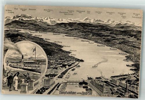 Zürich Vogelschau Dampfer Helvetia Dampfschifffahrt auf dem Zürich-See Binnenschiff Foto AK