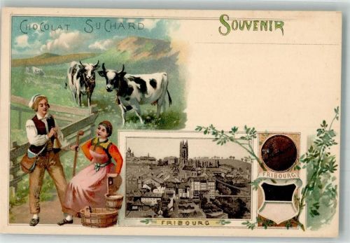 Fribourg Freiburg Trachten Wappen Kühe Suchard Schokolade 1899 Lithographie / Künstlerkarte