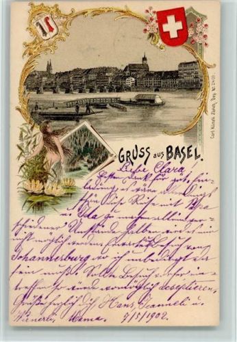 Basel Bâle Gruss aus - Verlag Carl künzli Nr. 2409 Wappen, Nymphe, Seerosen, Künzli Lithographie