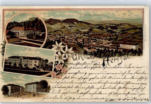 9100 Herisau 1902 Lithographie Poststrasse Krankenhaus Spital Heinrichbad