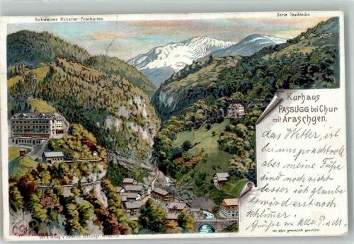 7062 Passugg-Araschgen 1900 Lithographie sign. Steinmann, C. Schweizer Künstlerpostkarte Hotel Kurhaus