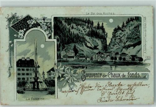 2300 La Chaux-de-Fonds 1901 Gebrauchsspuren Le Col des Roches La Fontaine Lithographie Mondschein