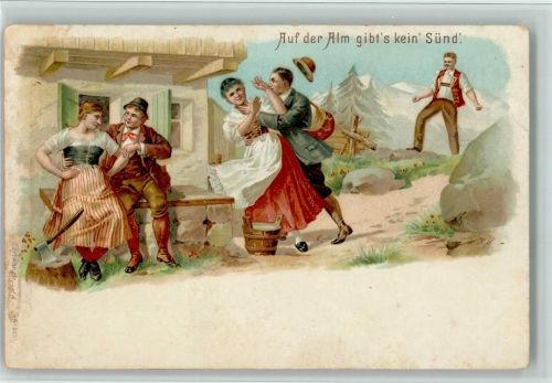 Auf der Alm gibts kein Sünd - Berghumor Künzli 1899 Lithographie