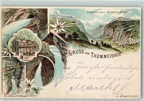 Lauterbrunnen Nr. 428 Gruss aus Trümmelbach Wasserfall AK Schlumpf 1899 Lithographie