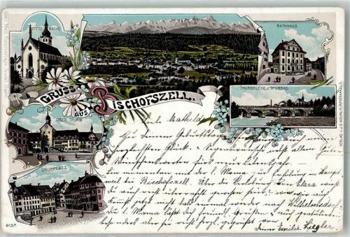 9220 Bischofszell 1900 Lithographie Stiftskirche Rathaus Thurbrücke Thurbad Ober Turm Grubplatz