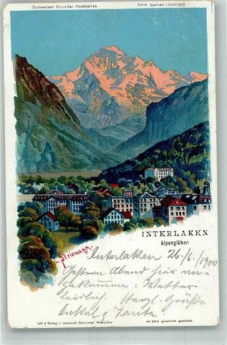 3800 Interlaken 1900 Lithographie sign. Steinmann, C. Alpenglühen Bahnpost Zug 95