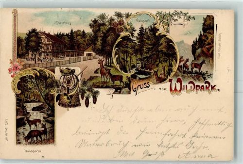 Zürich Wildpark Waldpartie Hirsch Rehe Forsthaus Künzli 1898 Lithographie
