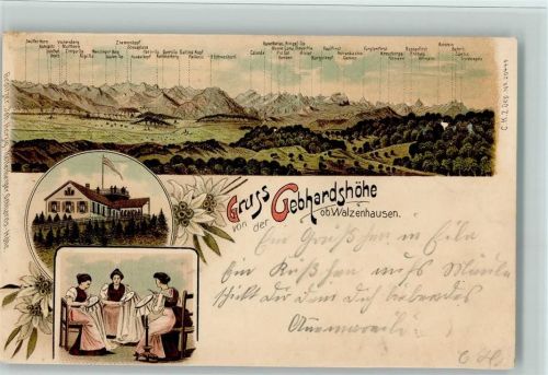 Walzenhausen Nr. 2044 Gruss aus - Gebhardshöhe - Trachten, Frauen mit Stickrahmen Künzli 1901 Lithographie