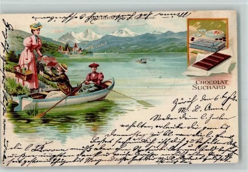 Picknick mit dem Ruderboot AK Suchard Schokolade 1900 Lithographie