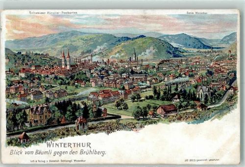 Winterthur Blick vom Bäumli gegen den Brühlberg Serie Winterthur Steinmann Lithographie