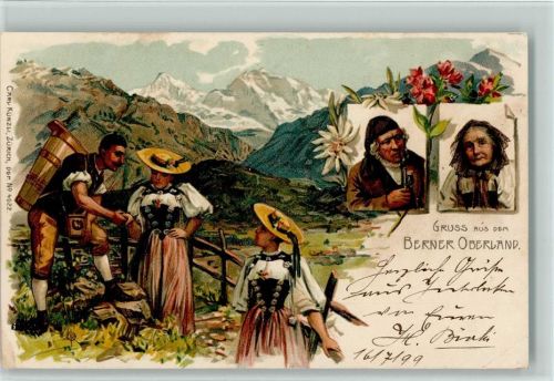 Nr. 4022, Gruss aus - Litho - Küher - Trachten aus dem Berner Oberland , Künzli 1899 Gebrauchsspuren