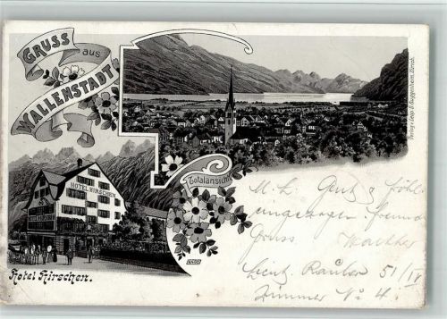 8880 Walenstadt 1904 BOAKC Lithographie Hotel Hirschen Gebrauchsspuren, bitte Scan genau beachten!