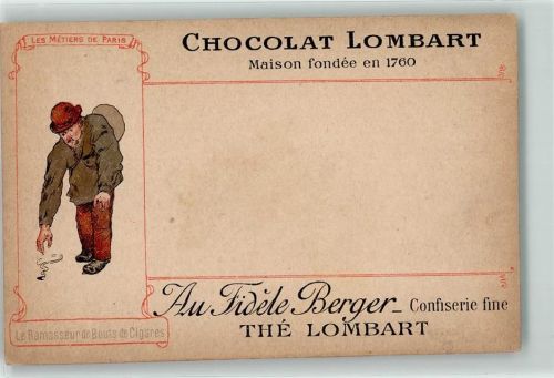 Paris Chocolat Lombart Werbung Beruf Le Ramasseur de Beuts de Cigares Schokolade 1900 Lithographie